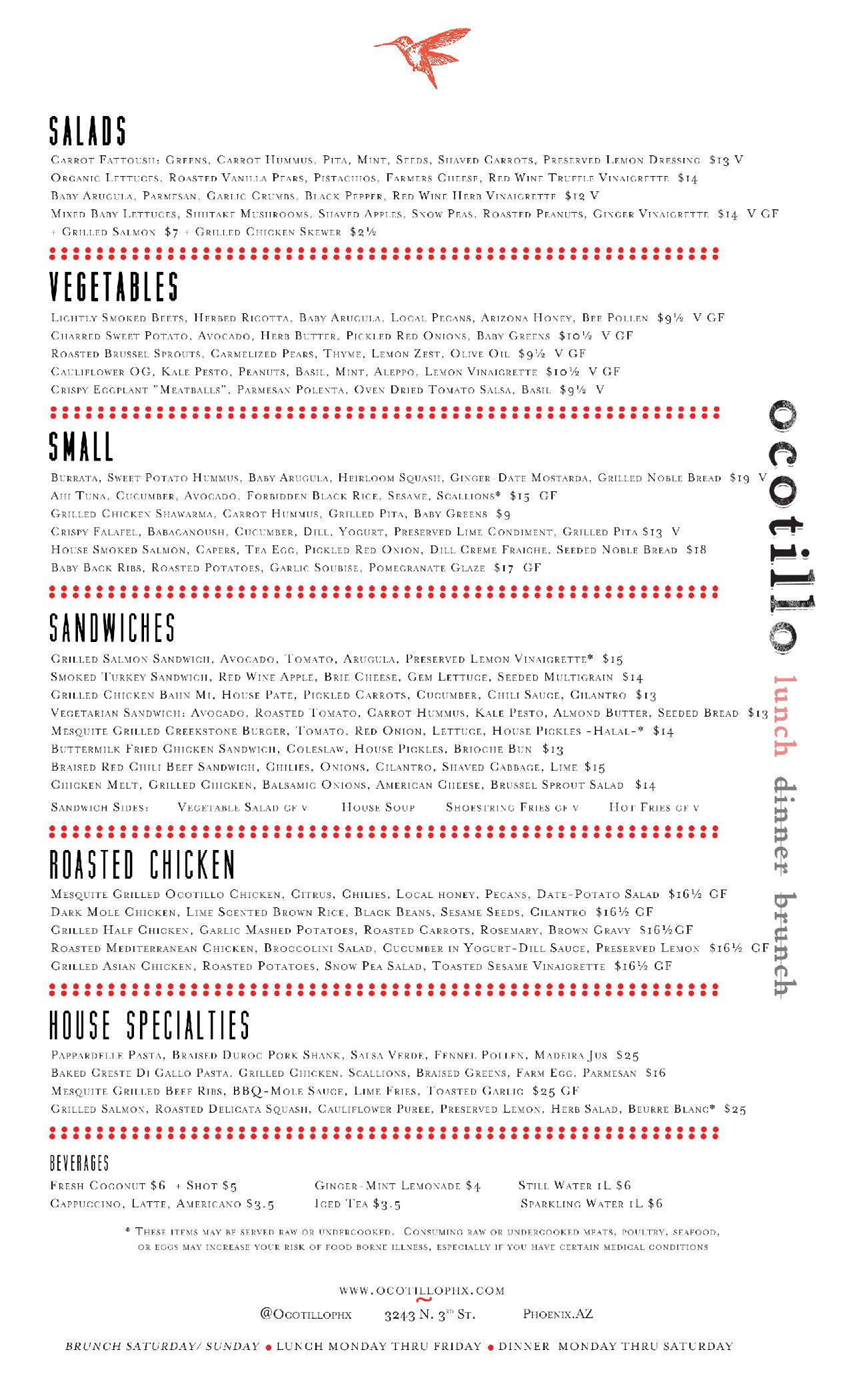 Menus Ocotillo